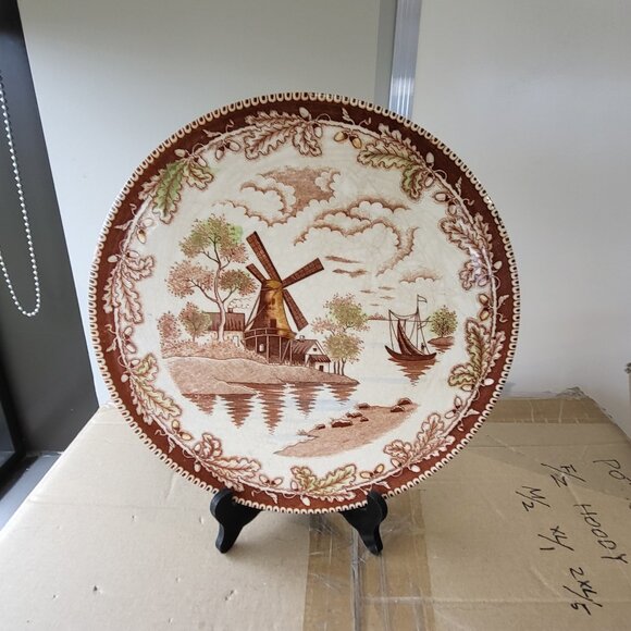 Vintage Ceramic Plate Transferware Brown Windmill Cottage Japan GUC SEE PICS - Picture 1 of 8